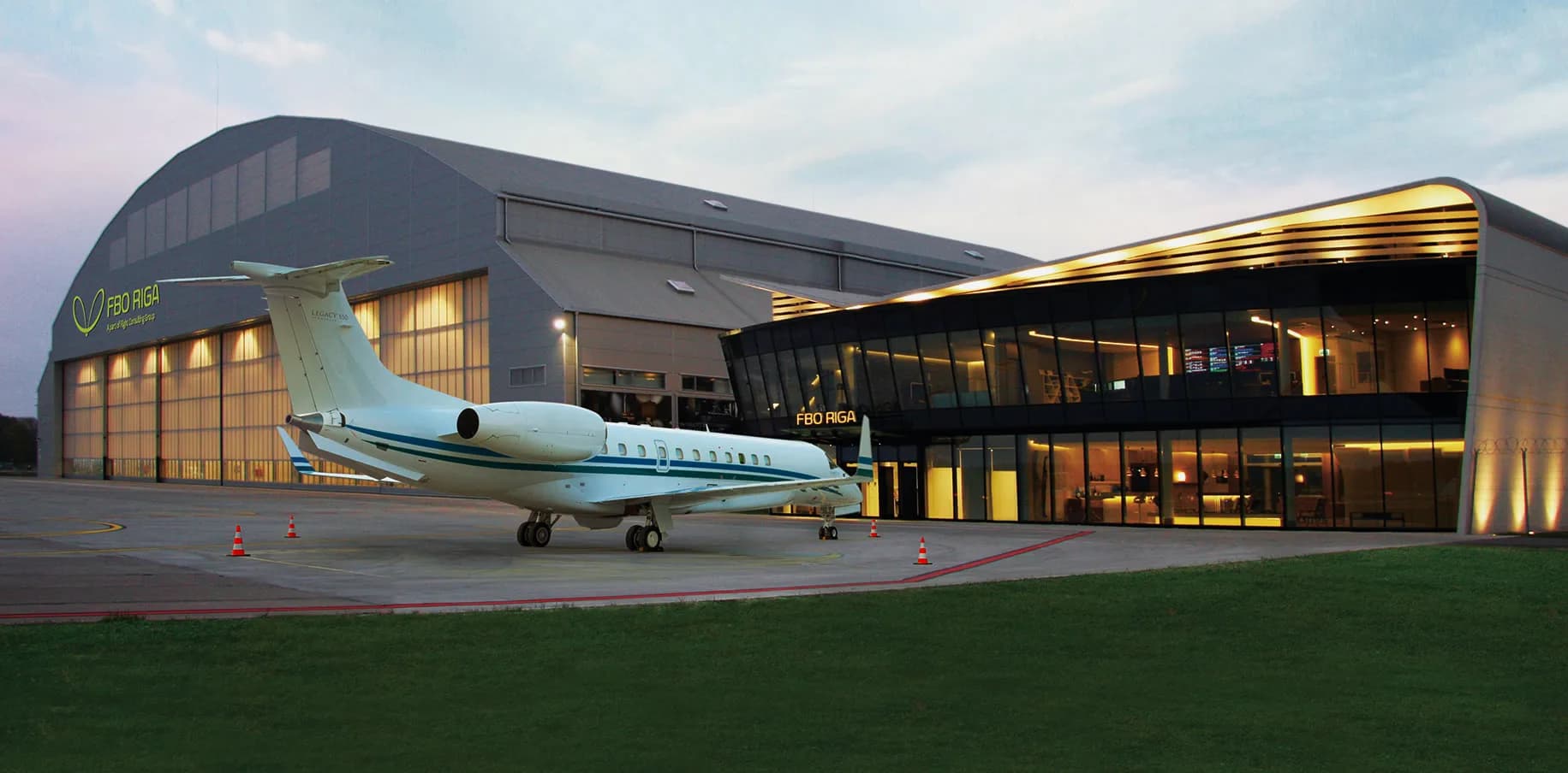 FBO RIGA business aviation centre at dusk, Riga Airport